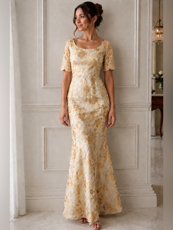 Dresses & Skirts - Vintage Gold Floral Embroidered Mermaid Maxi Dress Formal Gown Small Boho Glam